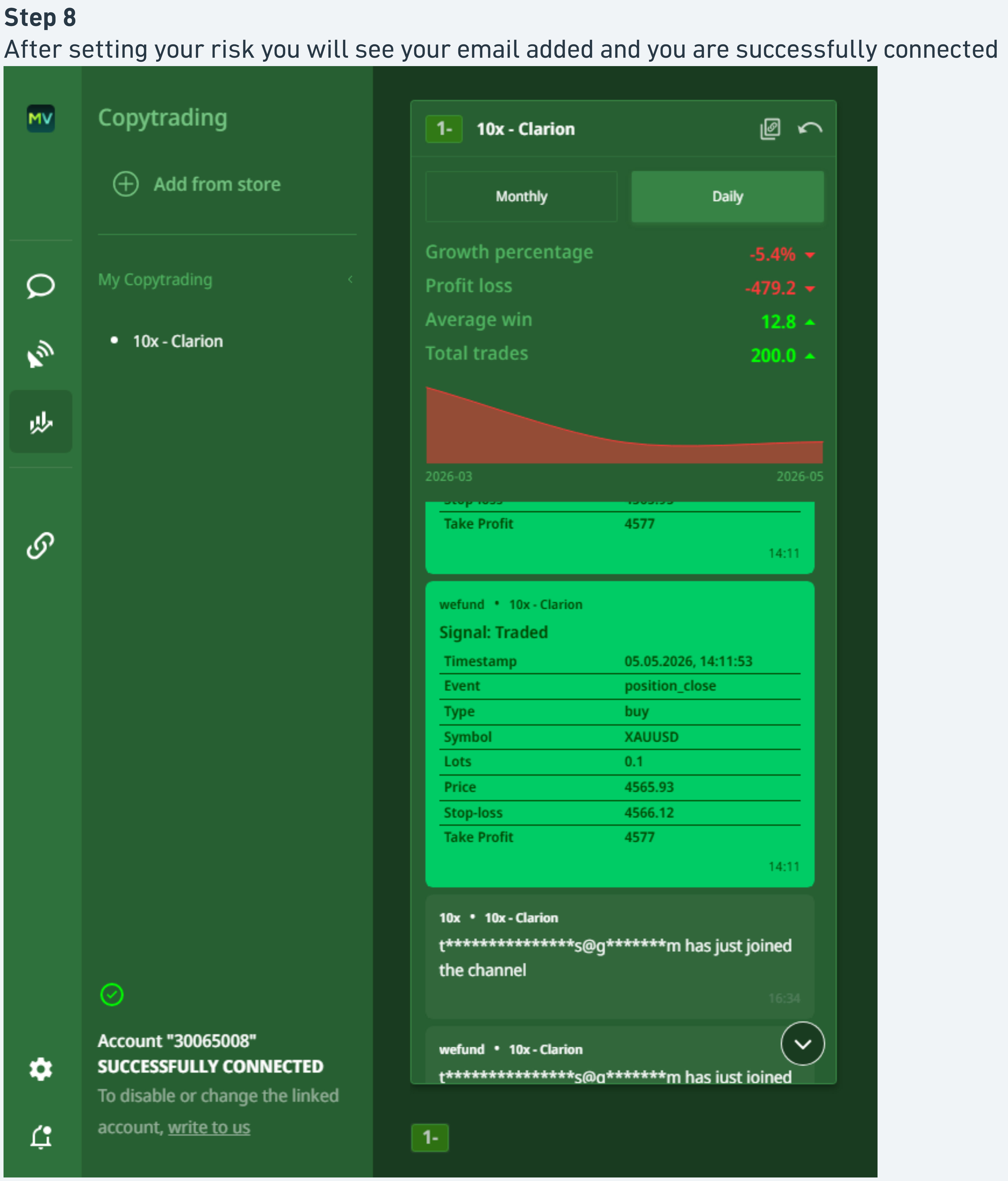 Subscription dashboard with stats and Signal Traded log